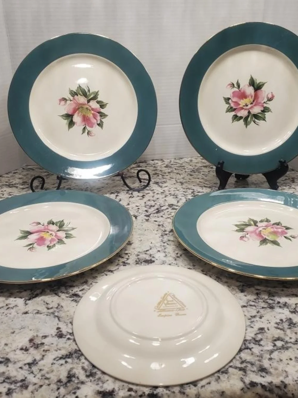 Teal Rim Floral Porcelain Dinner Plates - Set of 5